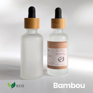 Set of empty frosted glass and bamboo pipette dropper bottles - Natural cosmetic bottle