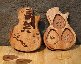 Personalized Wooden Guitar Pick with Case,Custom Guitar Pick Kit,Holder Box for Pick,Guitar Pick Holder for Fathers Day, Guitar Player Gift