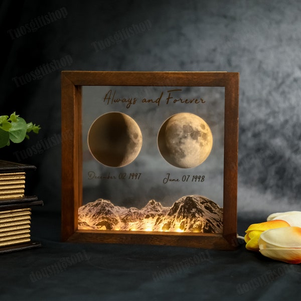 Custom Moon Phase By Date Night Light,Personalized Moon Phase Crystal Lamp, LED Moon Phase Frame,  Lunar Print Wood Frame,Mother's Day Gift