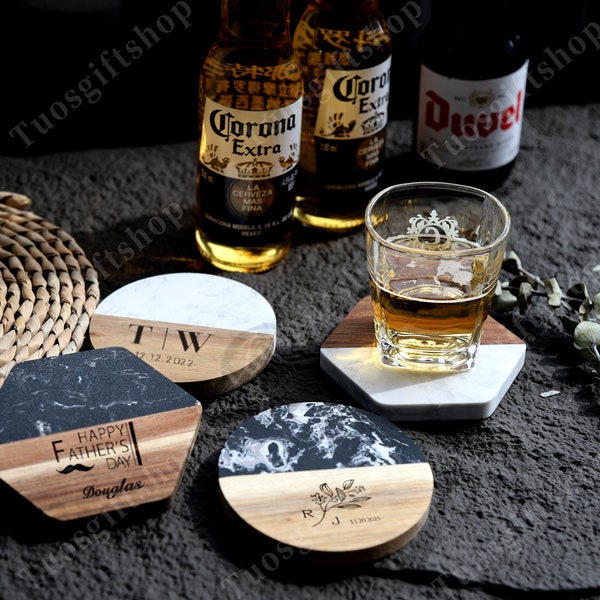 Custom Engraved Marble Wood Coaster Set,Fathers Day Gift,Custom Engraved Coaster Set, Personalized Family Names Coaster,Wedding, Anniversary