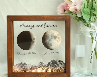 Personalized Moon Phase Crystal Lamp, LED Moon Phase Frame, Custom Moon Phase By Date Night Light, Lunar Print Wood Frame,Mother's Day Gift