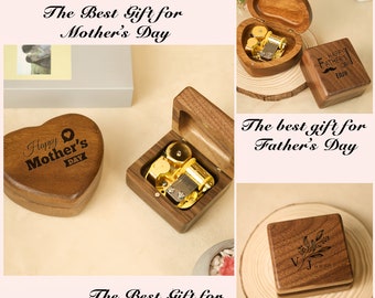 Personalized Wooden Music Box,Custom Wind-Up Music Box, Personalized Engraved Keepsake,Square and Heart shapes Music Box, Best Gifts for mom