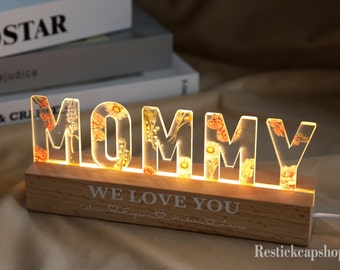Luz nocturna LED impresa con flores personalizadas, regalo del día de la madre, luz de flores de mamá personalizada, luz nocturna de flores de nacimiento, regalo de abuela, regalo de cumpleaños