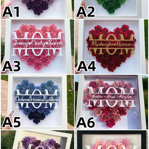 Cadre photo personnalisé pour la fête des mères, boîte d'ombres personnalisée en forme de coeur avec nom de fleur, boîte d'ombres rose faite main, cadeaux pour la fête des mères, cadeau pour maman
