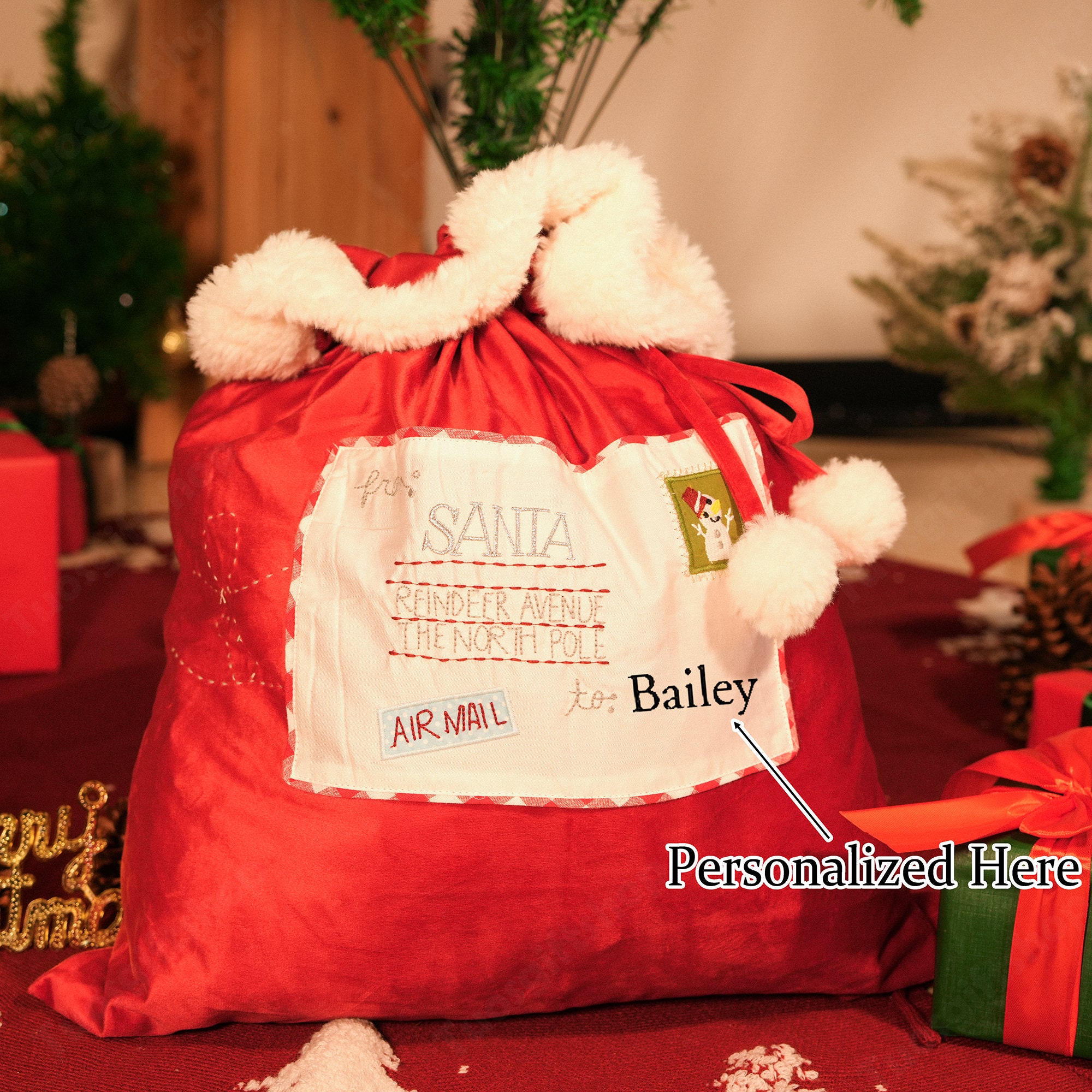 Christmas Velvet Gift Bag, Personalized Christmas Tree Gift Bag with Name, Custom Velvet Envelope Santa Sack, Christmas Gift Bag, Holiday Gift