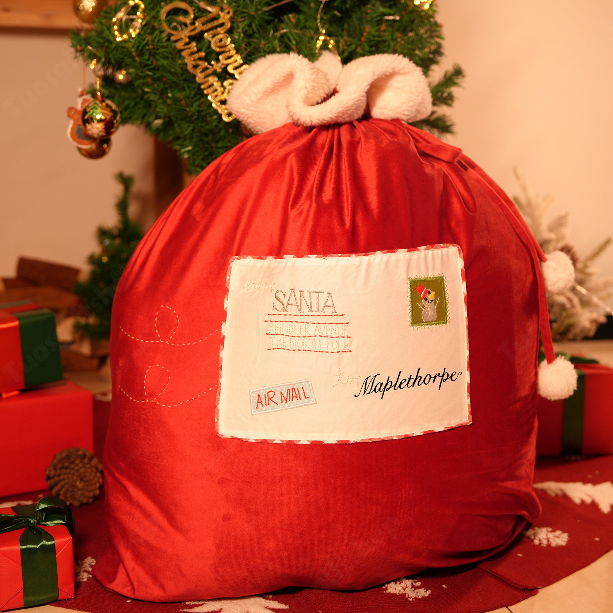Christmas Velvet Gift Bag, Personalized Christmas Tree Gift Bag with Name, Custom Velvet Envelope Santa Sack, Christmas Gift Bag, Holiday Gift