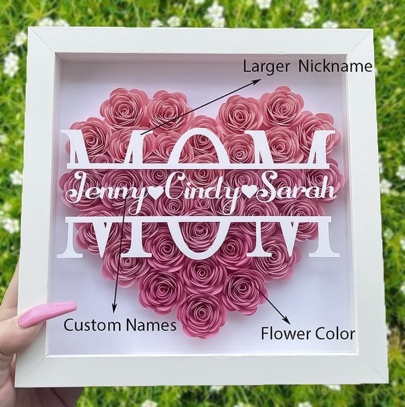 Customized Mother's Day photo frame gift, Custom Name Flower Heart Shadow Box, Handmade Rose Shadowbox, Mothers Day Gifts, Gift For Mom image 4