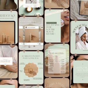Peut inclure: Un collage de publicités pour des produits de beauté avec une palette de couleurs neutres. Les images incluent des photos de produits, du texte et des photos de style de vie. Le texte comprend "Nouvelle Collection", "Meilleur produit pour votre peau" et une liste de prix.