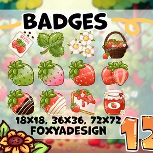 Könnte beinhalten: Ein Set mit 12 digitalen Abzeichen mit Erdbeer-Motiven. Die Abzeichen zeigen Erdbeeren, einen Korb mit Erdbeeren, ein Glas Erdbeermarmelade, einen Erdbeer-Käsekuchen und ein Erdbeerblatt. Der Text "BADGES" befindet sich oben im Bild, und der Text "18x18, 36x36, 72x72" und "FOXYADESIGN" befindet sich unten im Bild.