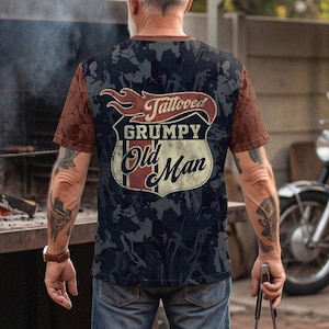 Tattooed Grumpy Old Man T-Shirt, Vintage Camo Biker Tee, Retro Badass Husband Shirt