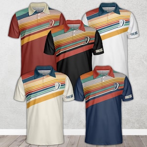 Custom Golf Team Polo Shirt, Personalized Name And Team, Retro Striped Performance Polo for Men & Women