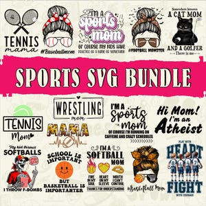 15 PNG Sports Mom Bundle | Softball Baseball Basketball Tennis Wrestling Cat Mom Sublimation Designs