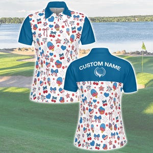Women’s Golf Polo Shirt, Custom Name Red White Blue Ice Cream Print