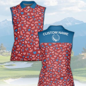 Custom Women’s Sleeveless Golf Polo, Red Blue Watermelon Heart Pattern