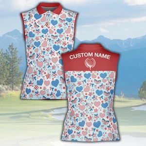 Custom Sleeveless Golf Polo for Women, Patriotic Red White Blue Heart Print