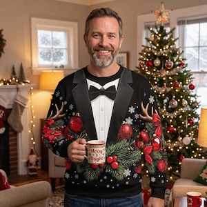 Peut inclure: Un sweat-shirt noir à manches longues arborant un motif de smoking imprimé avec une chemise blanche, des revers noirs et un nœud papillon noir. Le vêtement est orné de boules rouges, de branches de pin vertes, de bois de renne et de flocons.