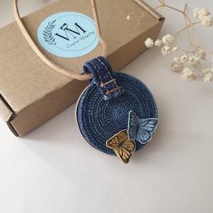 Denim pendant butterflies Upcycled blue denim pendant Jeans necklace Fabric art boho necklace