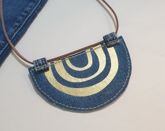 Abstract Denim necklace Upcycled denim necklace Statement denim art necklace Blue-gold jeans necklace Fabric necklace Textile art necklace