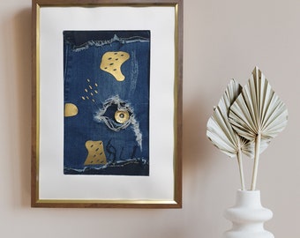 OOAK Denim wall art, Abstract Textile Art, Fabric Art, Denim home decor, Jeans art, Recycled denim, Repurposed Denim Blue gold abstract art