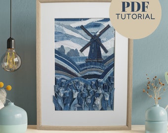 PDF TUTORIAL Upcycled denim kunst PATROON voor 3D jeans collage geïllustreerde instructies om uw unieke upcycled kunst te maken Textiel muurkunst