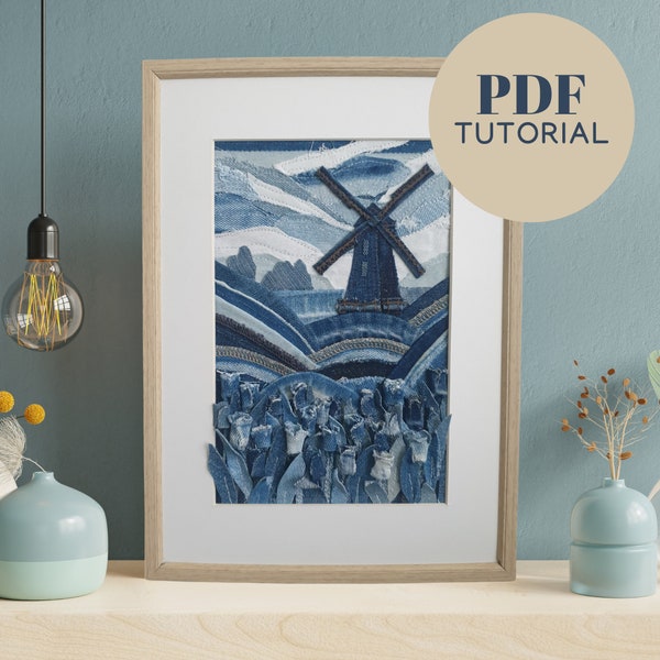 PDF TUTORIAL Upcycled denim art PATTERN for 3D jeans collage illustrated instructions to make your unique upcycled art Textile wall art