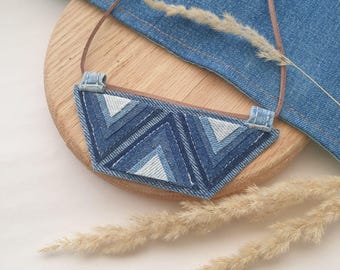 Geometric denim necklace Statement Upcycled jeans necklace Fabric necklace Eco-Friendly gift for her Slow Fashion Jewelry