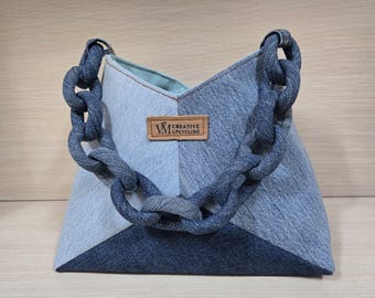 Small Upcycled Denim Bag with Chunky Chain Handle – Eco-Friendly Fashion