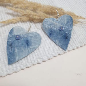 Heart Denim Earrings OOAK Jeans Earrings Recycled denim hearts earrings Valentine&#39;s day gift for her Blue handmade heart earrings
