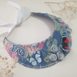Butterflies denim necklace Upcycled denim roses necklace Statement denim art necklace Blue jeans necklace Fabric necklace Textile necklace