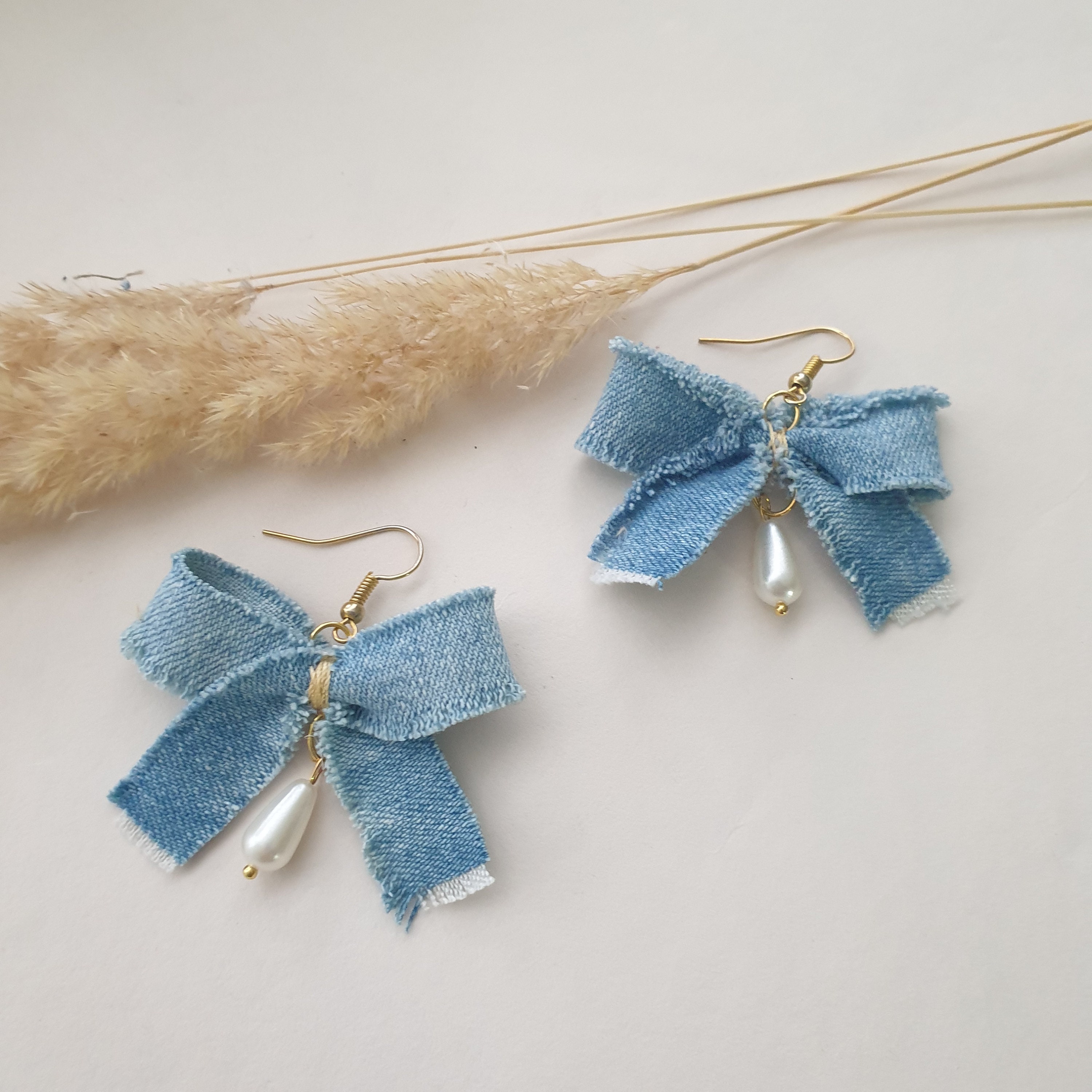 Trendy Bow Denim Earrings With Pearl Beads Statement Blue