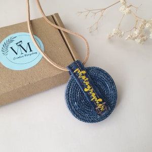 Personalized Denim pendant Custom Upcycled blue denim pendant Jeans necklace Fabric art boho necklace