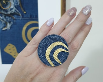 Blue Gold Denim ring Upcycled denim art jewelry Denim wedding Statement denim ring Fabric ring