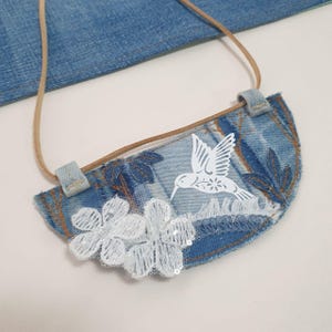 Upcycled denim necklace Statement denim art necklace Blue jeans necklace Fabric necklace Textile art necklace