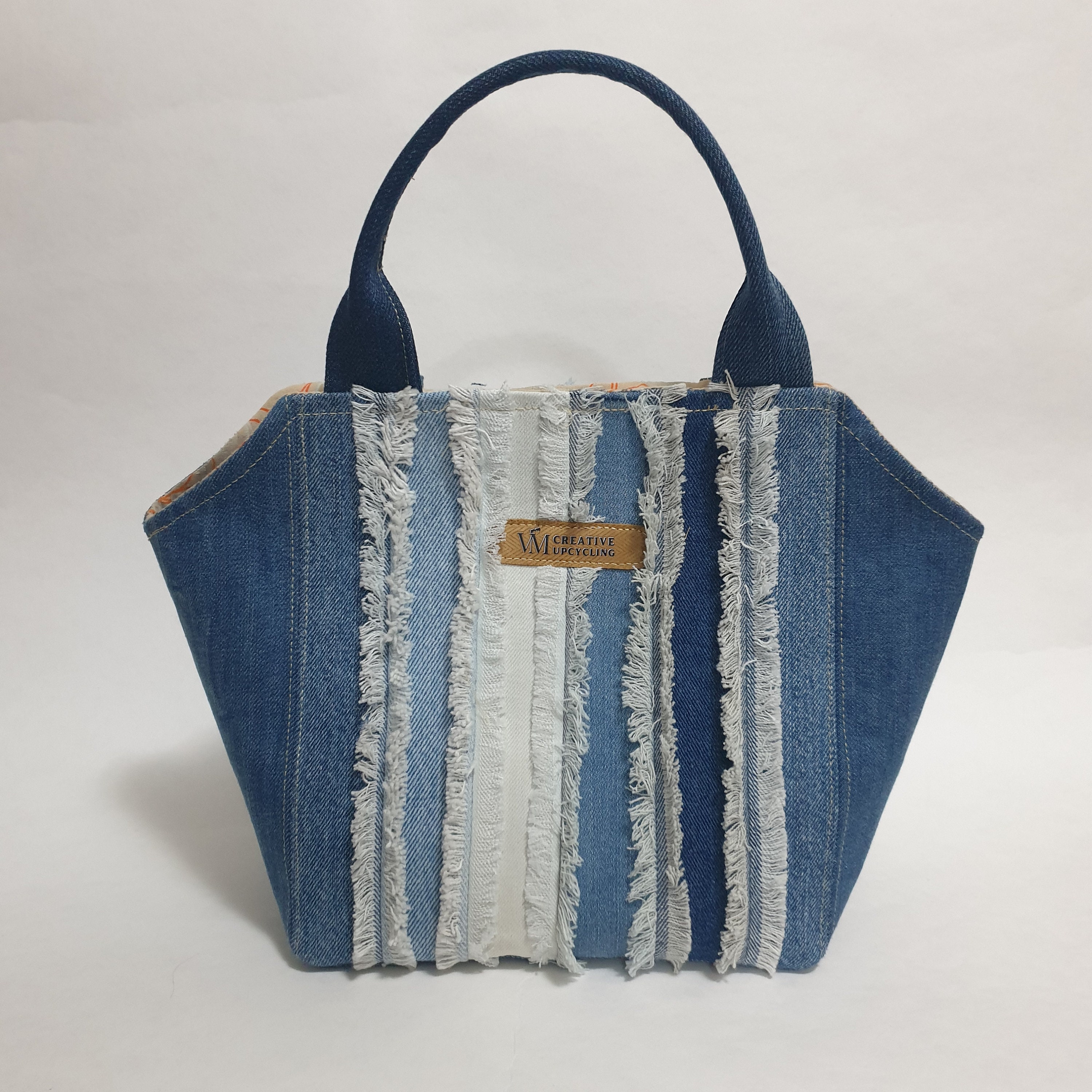 Denim bag with fringe Upcycled Denim Boho Bag Navy and Light Blue Denim bag Recycled Denim bag Eco Bag