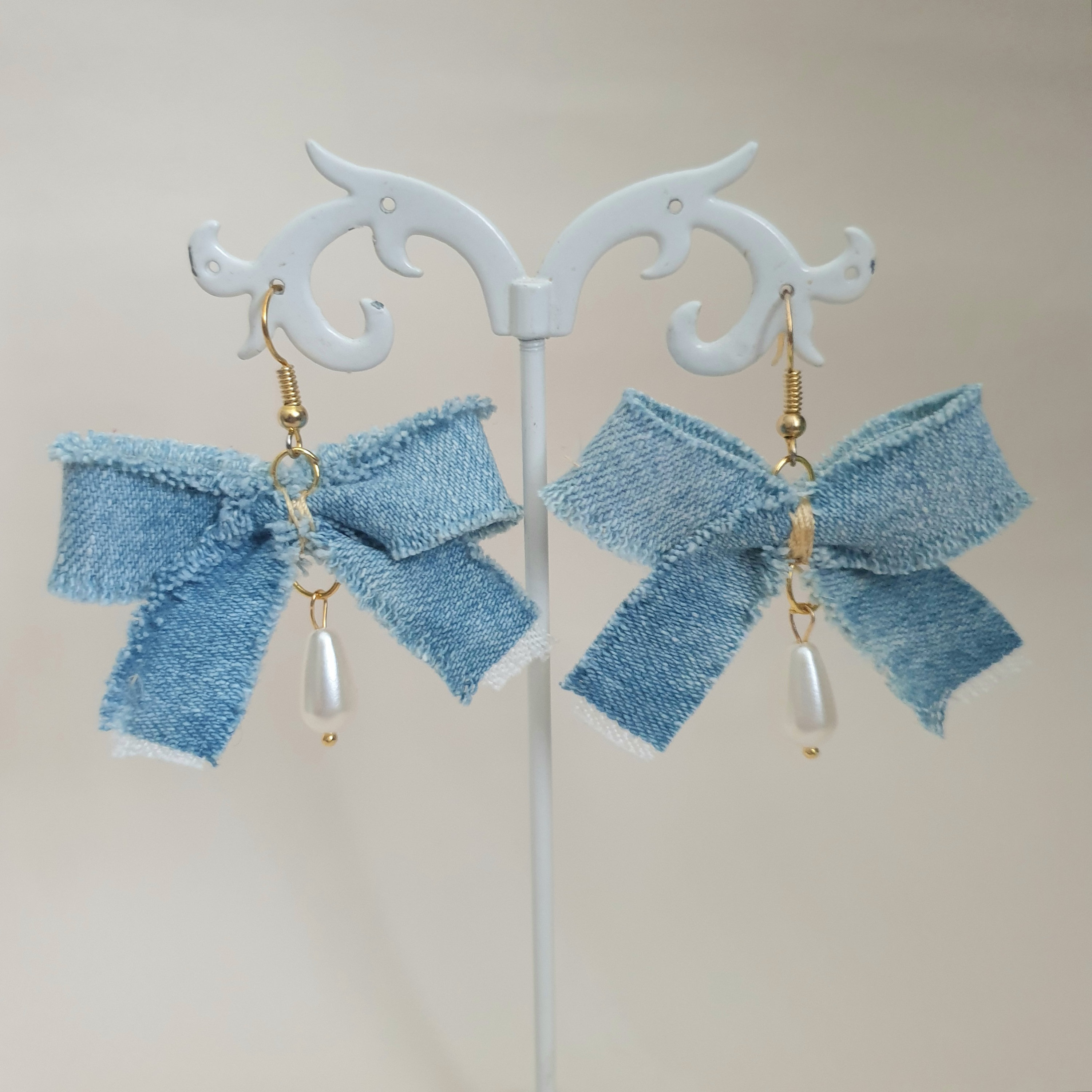 Trendy Bow Denim Earrings With Pearl Beads Statement Blue