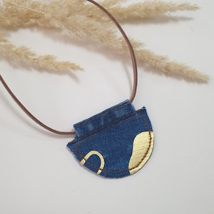 Blue-gold jeans pendant Abstract art denim necklace Modern eco-friendly jewelry Upcycled denim pendant Denim lover gift