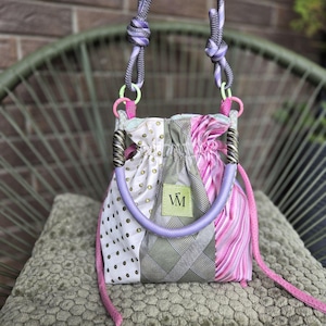 Upcycled Silk Tie Bucket Bag, Pastel Patchwork Drawstring Purse, Eco Friendly Gift for Her, Avant Garde Crossbody