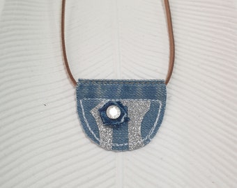 Blue -silver denim pendant Upcycled denim necklace Abstract art jeans pendant Recycled denim necklace Denim lover gift