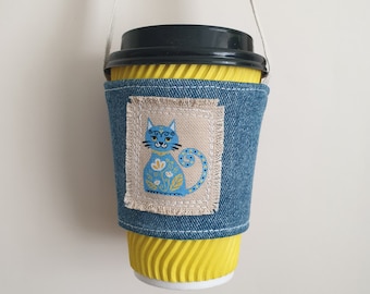 Personalised Reusable Takeaway Portable Cup Holder Coffee Cup Sleeve Upcycled Denim Coffee Cup Carrier with Patch Gift for Tea Coffee Lover
