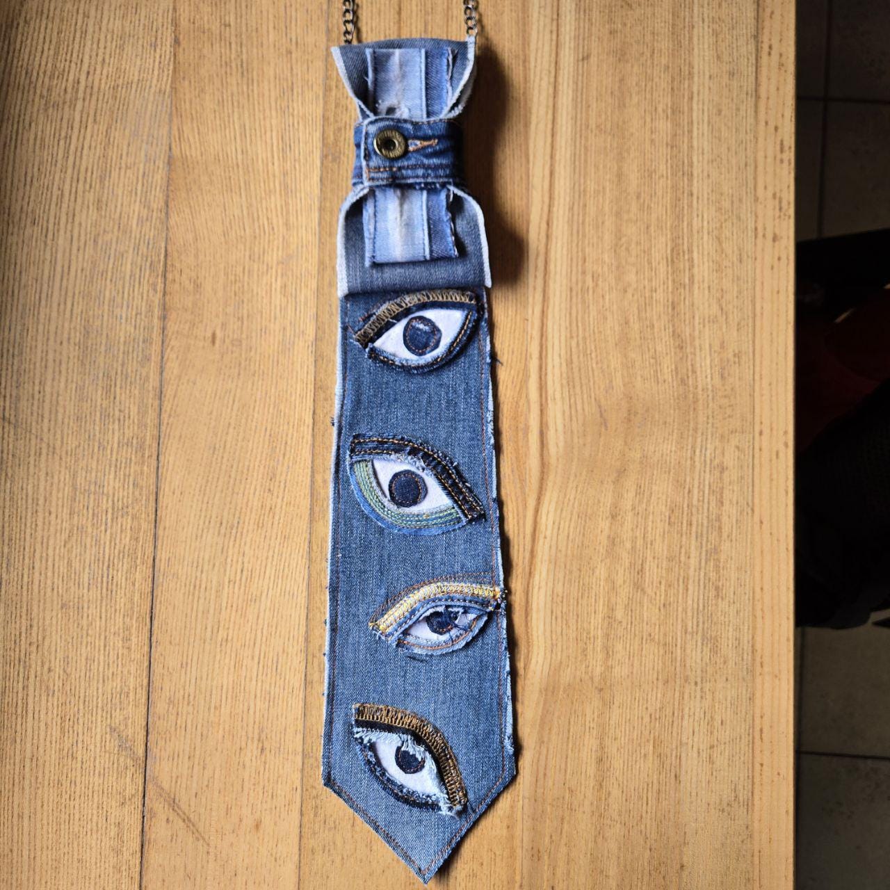 Upcycled Denim Tie Necklace with Multicolor Crystal Brooch (beads not included. Here you go! Your DIY No Sew Denim Neck Tie Tutorial. I  main image 3