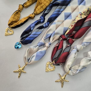 Upcycled l Ties necklace with Charms Unique Handmade Statement Jewelry Bandana Charm Necklace Silk Scarf Necklace OOAK Sustainable Jewelry
