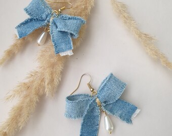 [ANGEODOR] Ribbon Earring ★人気 ★ Trendy Bow Denim Earrings With Pearl Beads Statement Blue