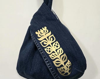 Double Sided Denim Knot Bag Japanese knot bag Denim Handbag Minimalist bag Reversible Wristlets Blue denim birthday gift Cute handbag
