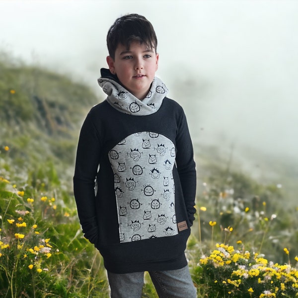 Hoodie Sweatshirt Kapuzenpullover Monster Wintersweat Kuschelsweat Alpenfleece Blau Grau Gr. 158 Kinder handundherzgemacht