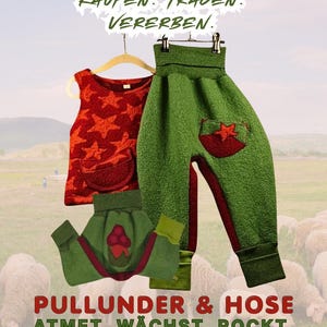 Pode incluir: Um conjunto de roupa infantil com um top vermelho com padr&atilde;o de estrelas e cal&ccedil;as verdes com um bolso de estrela vermelha. O conjunto inclui uma saia verde com um design vermelho e verde. A imagem inclui texto em alem&atilde;o, incluindo "WOLLWALK".