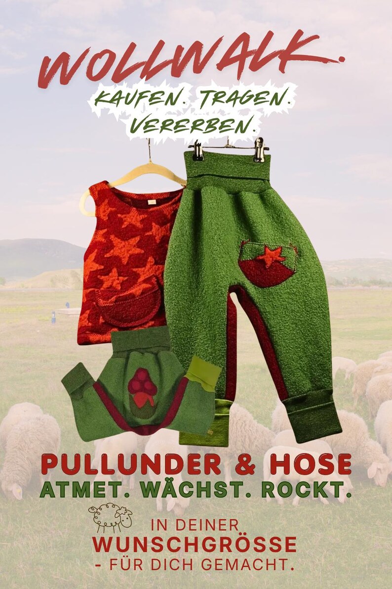 Pode incluir: Um conjunto de roupa infantil com um top vermelho com padr&atilde;o de estrelas e cal&ccedil;as verdes com um bolso de estrela vermelha. O conjunto inclui uma saia verde com um design vermelho e verde. A imagem inclui texto em alem&atilde;o, incluindo "WOLLWALK".