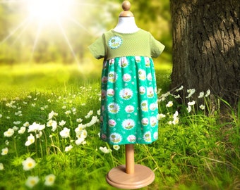 Kleid Sommerkleid Jersey Grün Punkte Blumen Bäume Gr. 98 Kinder handundherzgemacht