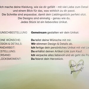 Pode incluir: Um gr&aacute;fico com texto em alem&atilde;o, incluindo frases como "WUNSCHBESTELLUNG" e "Gemeinsam gestalten wir dein Unikat." O texto descreve um servi&ccedil;o de roupa personalizada, enfatizando o design e o artesanato. Um cora&ccedil;&atilde;o com as palavras "F&uuml;r dich gemacht" tamb&eacute;m est&aacute; presente.