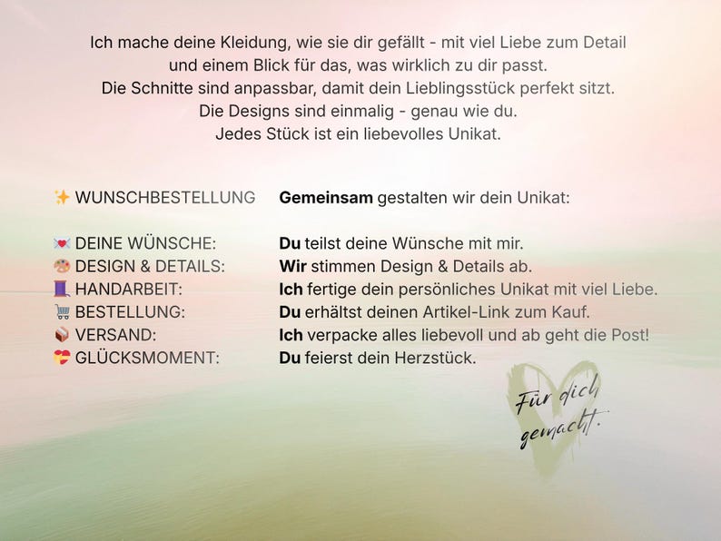 Pode incluir: Um gr&aacute;fico com texto em alem&atilde;o, incluindo frases como "WUNSCHBESTELLUNG" e "Gemeinsam gestalten wir dein Unikat." O texto descreve um servi&ccedil;o de roupa personalizada, enfatizando o design e o artesanato. Um cora&ccedil;&atilde;o com as palavras "F&uuml;r dich gemacht" tamb&eacute;m est&aacute; presente.