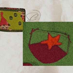 Pode incluir: Uma carteira verde e vermelha com tema natalino com um design de gnomo de desenho animado. A carteira tem um fundo verde com um padr&atilde;o repetido de c&iacute;rculos verde escuro. O gnomo est&aacute; usando um chap&eacute;u vermelho. Um bolso verde e vermelho com uma estrela laranja tamb&eacute;m &eacute; mostrado.
